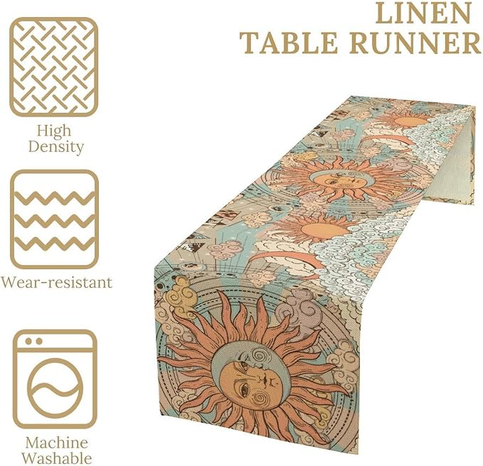 Bohemian Moon Sun Table Runner, Retro Boho Funny Sun Moon Clouds Design Table Runner for Kitchen Dining Party Decor, 13x120 Inch