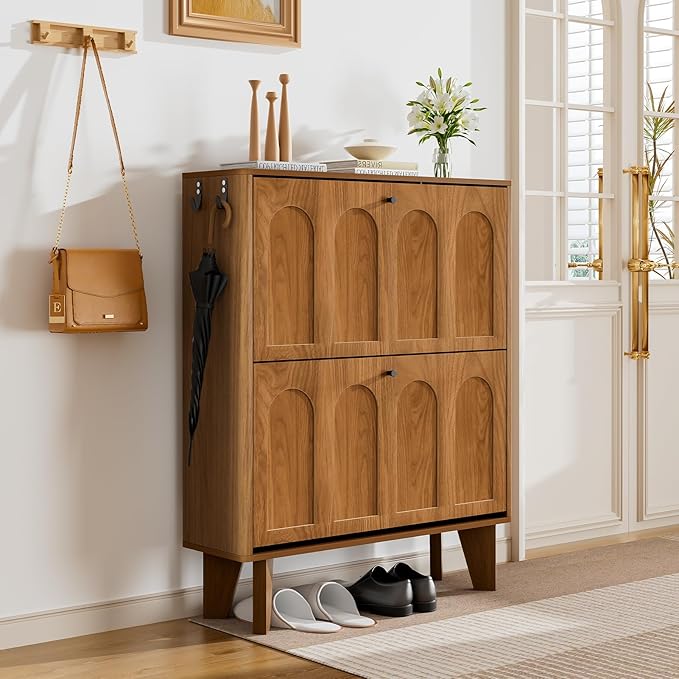 31.5" Shoe Storage Cabinet with 2 Flip Drawers, Narrow Shoe Cabinet for Entryway, Wood Shoe Rack Cabinet for Hallway, Walnut