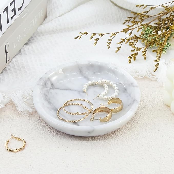 Small Natural Marble Jewelry Tray Key Plate Holder Dish Trinket Decor Catch All Bowl for Ring Earring Stone Gift for Women Daugther,Bianco Carrara White,5.5"