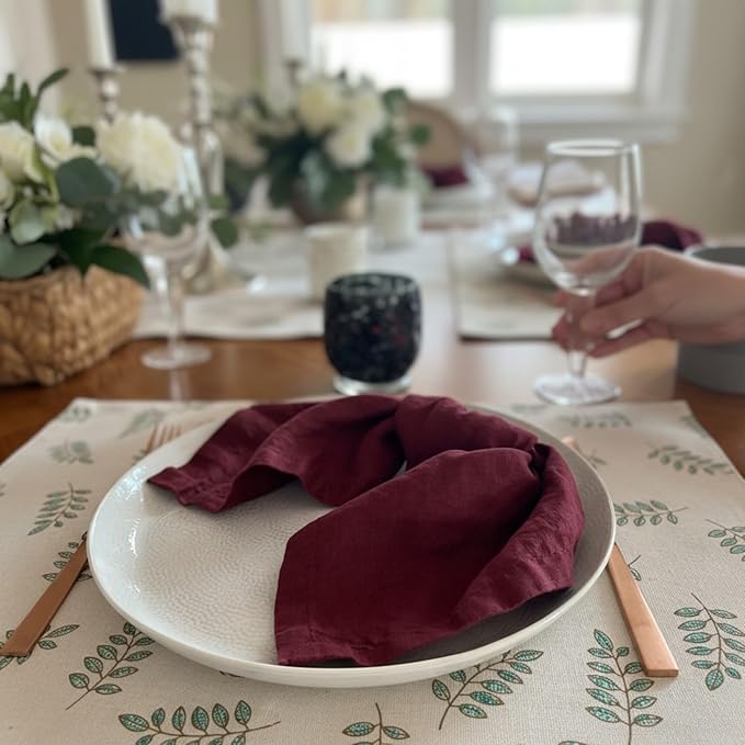 Linen Napkins –100% French Flax – Stonewashed Pure Linen Cloth Napkins - Size 18 Inch x 18 Inch – Set of 4 (Plum Burgundy)
