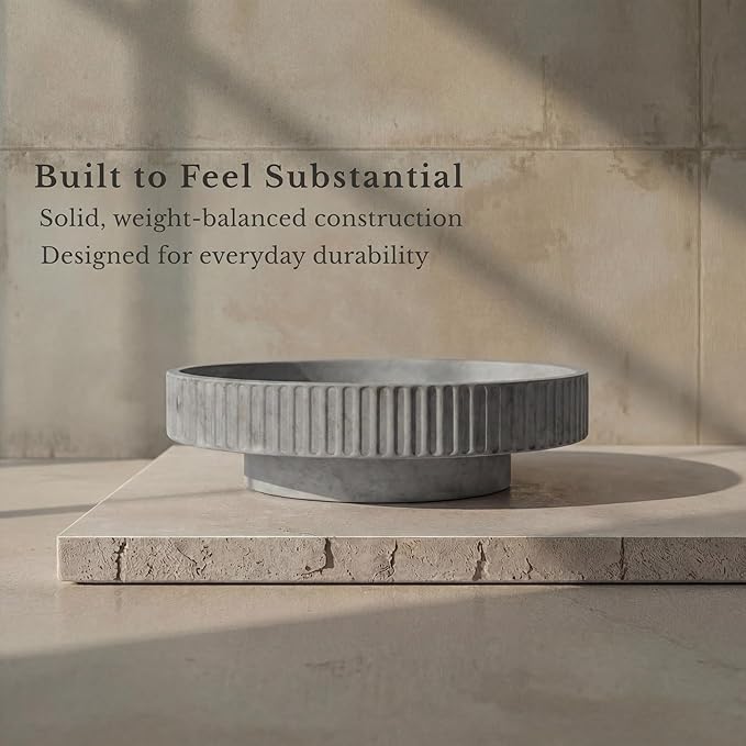 JUPTR Concrete Fruit Bowl (12") – Shallow Fluted Pedestal Decorative Centerpiece Bowl for Table, Entryway Catch-All & Modern Home Decor – Heavyweight Stone Bowl (Natural)