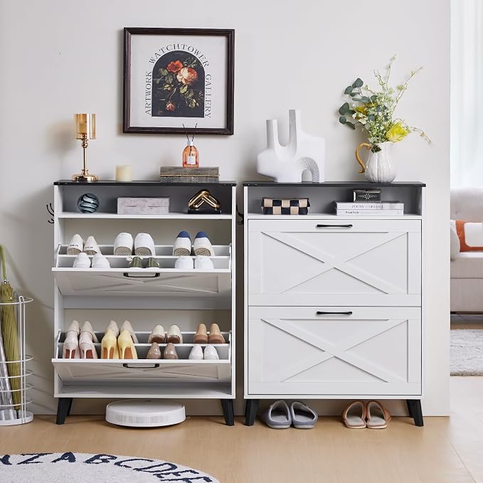Joaxswe Shoe Cabinet Storage for Entryway with 2 Flip Drawers 2 Hook Open Storage Layer Rack Narrow Organizer Slim Hidden Wood Shoe Cabinet Furniture White