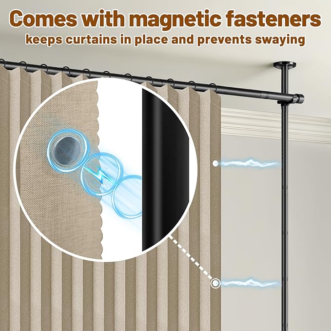 AJAZZ Room Divider Curtain (Beige, W100 x L96 in, 1 Panel)+ Curtain Rods No Drilling Adjustable Tension (H) 43-120×(W) 35-100 in, Heavy Duty Wall Divider for Apartment/Dorm
