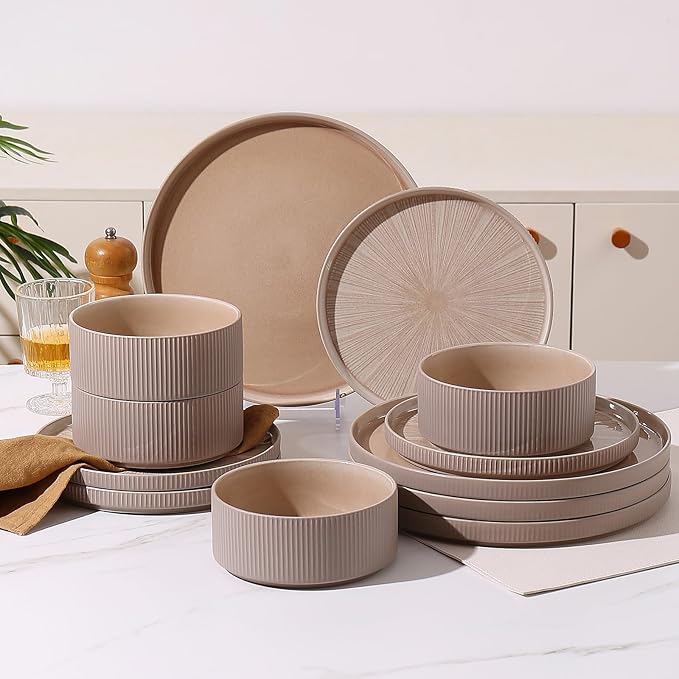 Dinnerware Sets for 4, Ceramic Plates and Bowls Set 12 Piece Dinnerware Chip Resistant Stoneware with Advanced Inkjet Printing Technology, Dishwasher and Microwave Safe-Dusty Brown