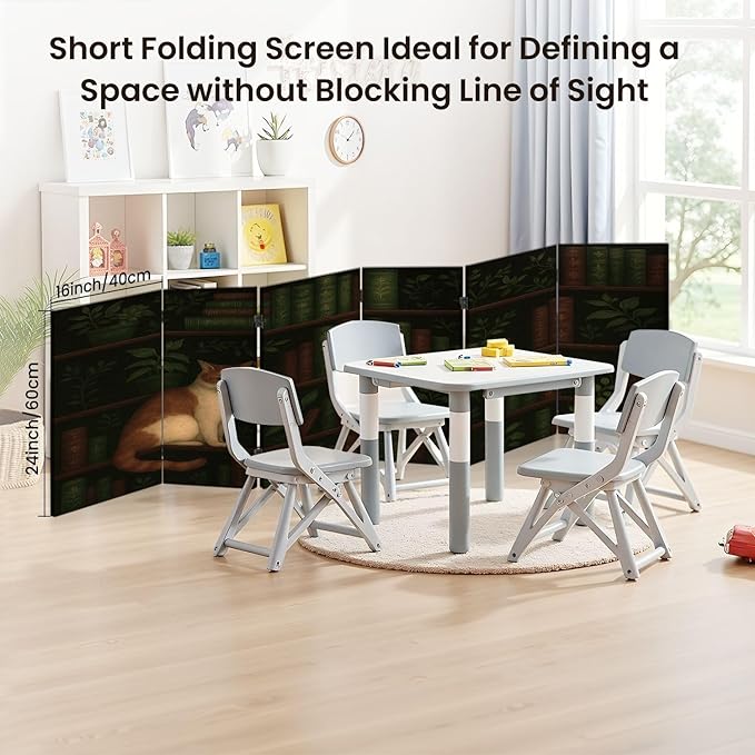 Small 6 Panels Vintage Folding Screen Room Divider Cat Cozy Bookshelf Greenery Vintage Books Boho Divider for Room Separation Portable Privacy Partition Screen Indoor