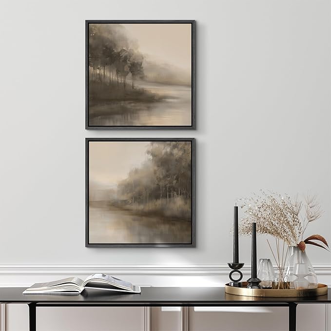 SIGNFORD Framed Canvas Print Wall Art Set Muted Beige Landscape Artwork, Soft Forest Lake Illustrations Modern Art Minimal Relax/Calm for Living Room, Bedroom, Office - 16"x16"x2 BLACK