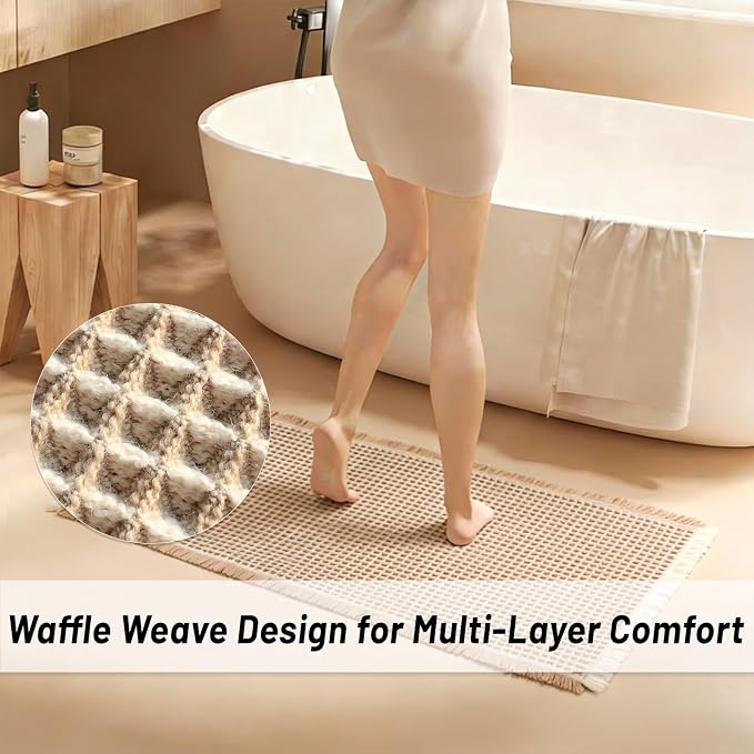 Waffle Bath Mat Set of 2, Non Slip Waffle Rugs for Bathroom, Super Absorbent & Quick Dry Soft Shower Mat for Bathroom & Kitchen Floor, Machine Washable Bath Rugs (Brown & White)