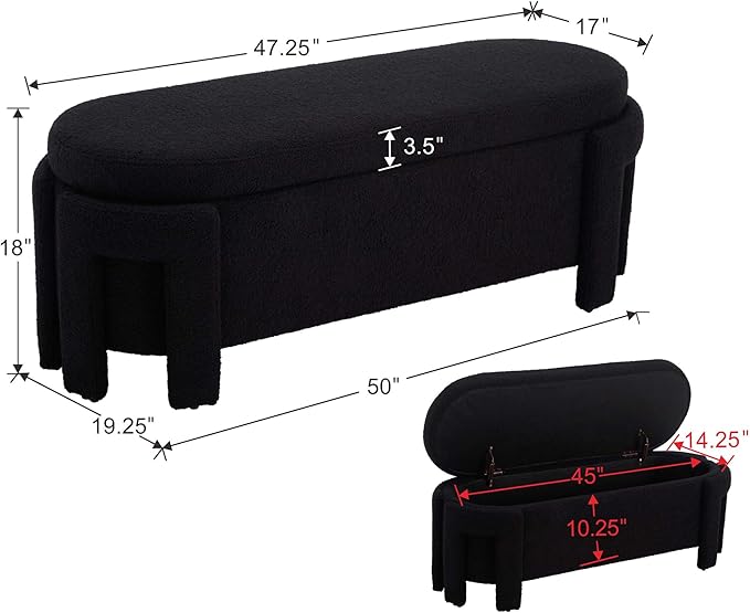 Black Storage Bench for Bedroom 47.25 in Modern Boucle Upholstered Ottoman with Storage Space for End of Bed/Living Room/Closet/Lounge/Window Corner, Black