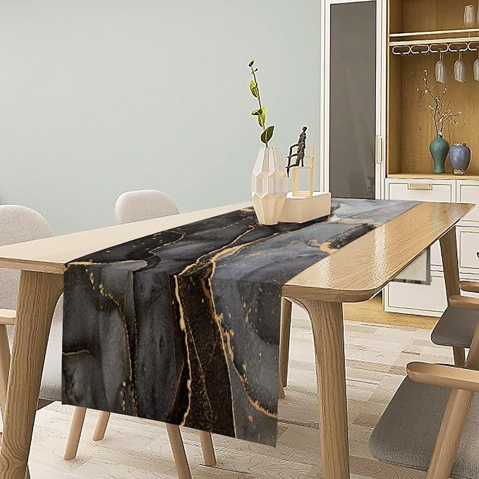 Marble Table Runner,Modern Luxury Black Gray Gold Texture Aesthetic Art Pattern Table Runner for Coffee Table Dining Room Table Bedroom Party Holiday Decor 13x90inch