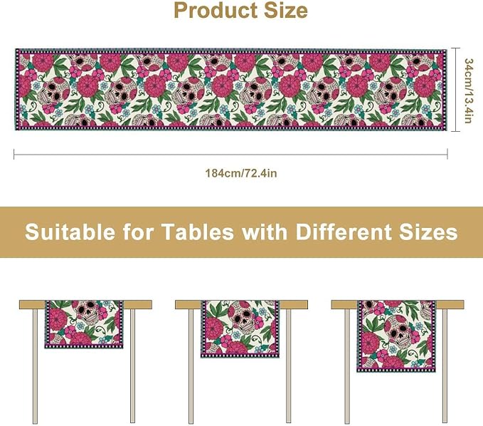 Dia De Los Muertos Table Runner Red Floral Cinco De Mayo Rustic Linen Mexican Sugar Skull Day of The Dead Altar Decoration for Home Kitchen Dining Room, 13x36 Inch White