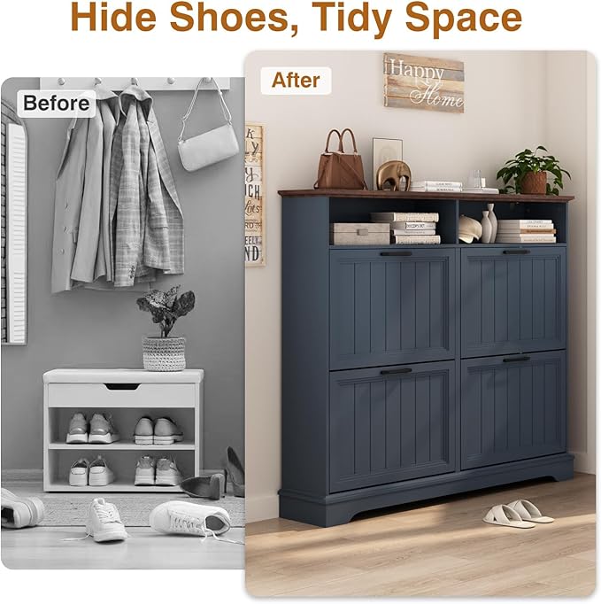 Shoe Storage Cabinet with 4 Flip Drawers, Farmhouse Modern Hidden Shoes Rack Cabinet with Adjustable Shelves & Open Storage, Narrow Slim Shoe Organizer for Front Door Entrance, Entryway, Navy Blue