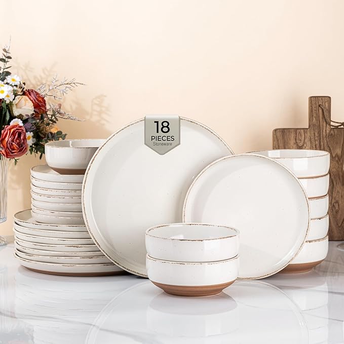 AmorArc 18 Pieces Ceramic Dinnerware Sets for 6, Handpainted Stoneware Plates and Bowls Set with Rustic Terracotta Underside, Scratch Resistant Dishes Set, Dishwasher & Microwave Safe