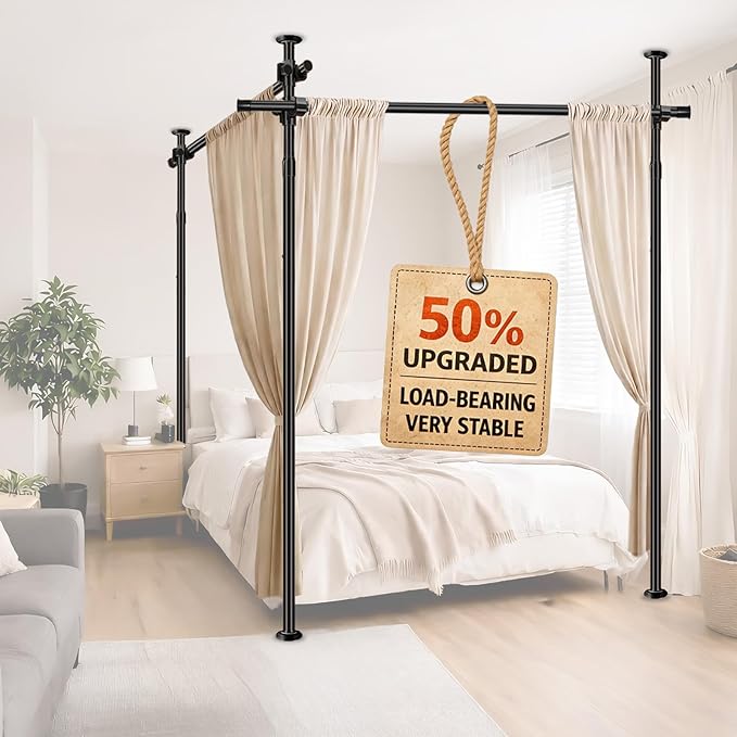 AJAZZ Room Divider No Drilling Curtain Rod Wall Divider for Room Separation, (H) 43-120×(W) 72-200 inch Adjustable, Heavy Duty Partition Space Separator Freestanding Tension Curtain Stand, Black