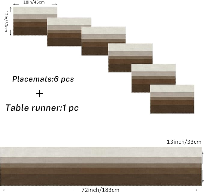 Emvency Coffee Brown Grey Gradient Stripe Table Runner and Placemats Set of 6,Modern Geometric Painting Art Dining Decor for Daily Use(1 Table Runner 72 inches Long and 6 Placemats)