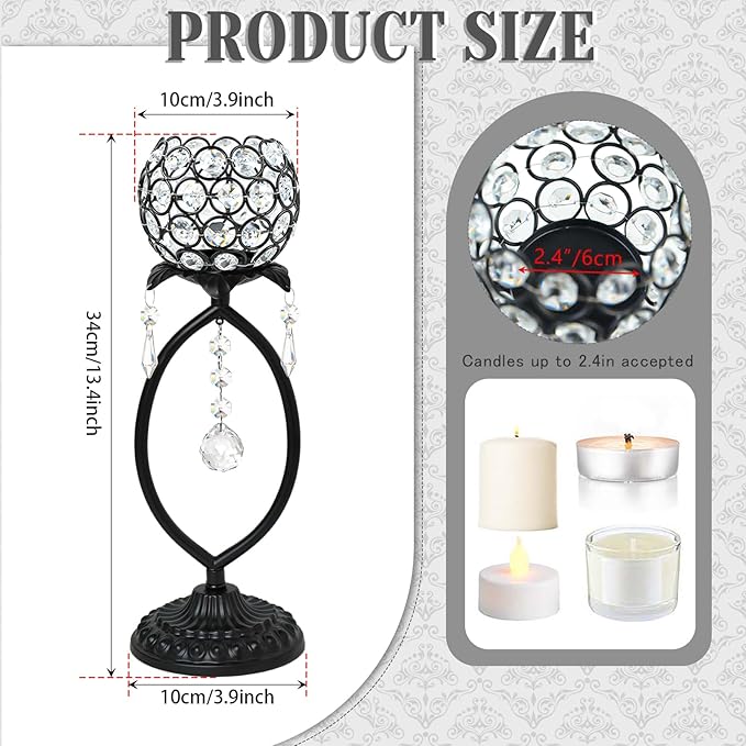 2 Pcs Elegant Metal Crystal Tea Light Candle Holders with Crystal Pendants, Hollow Design - Wedding Table Centerpieces for Anniversary Birthday Party, Home Decor (6, Black)