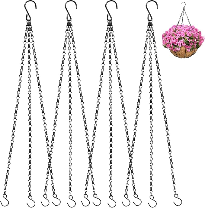 ZeeDix 4 Pack, 24 Inch Hanging Basket Chain with Hooks, Black Metal Planter Flower Pot Chain for Hanging Plants Outdoor, Adjustable Replacement Chain Plant Hangers for Lanterns Bird Feeders & Flowers