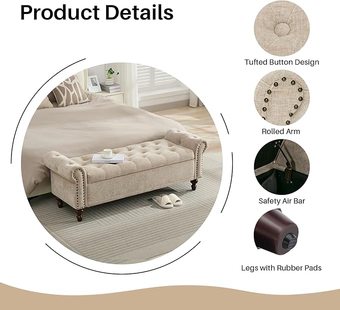 SOFTHION 58.1" Storage Bench Upholstered Chenille End of Bedroom Bed Bench Ottoman with Tufted Cushioned Rolled Arm Large Storage Space for Reading Living Room Entryway, Light Brown