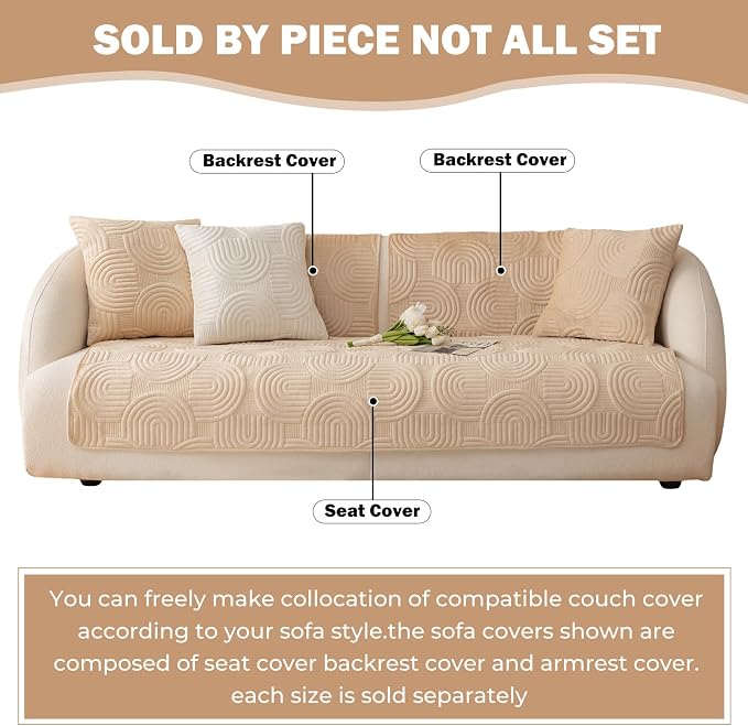 Soft Plush Geometric Quilted Couch Sofa Cover Boho Non Slip Fuzzy Sectional Couch Cover Solid Color Washable Sofa Slipcover Furniture Protector for Kids Dogs Cats (Coffee,28"x28")