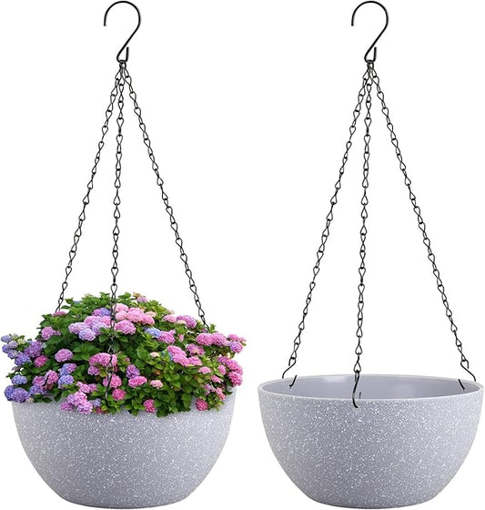 Meowell 10 inch Hanging Planters for Indoor Outdoor Plants, 2 Pack Hanging Flower Pots with Drainage Holes and Chain for Garden Porch, Plastic Hanging Baskets for House Plants, Speckled Grey