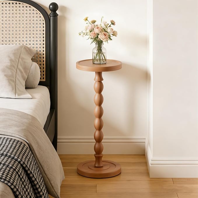 Solid Wood Drink Table, Rubber Wood‌ Small Round Side Table for Small Spaces, Martini Tables, Pedestal End Tables for Living Room, Bedroom, Corners, and Office (Light Walnut, 9.4 inch)