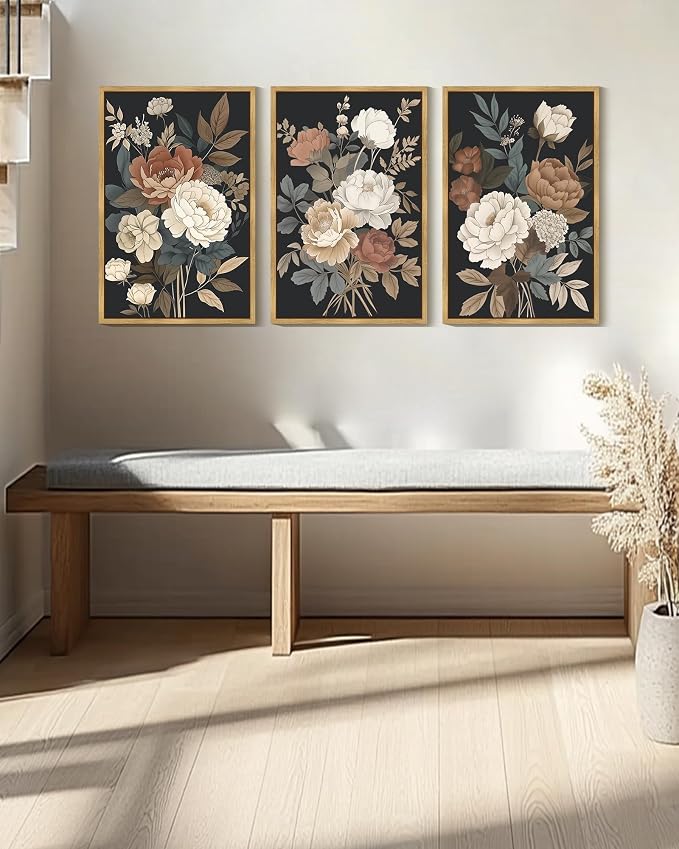KUVIOKE Vintage Flower Framed Wall Art Watercolor Colorful Boho Floral Wall Decor Retro Wildflower Modern Art Prints for Living Room Bedroom 16x24in (Natural Framed)