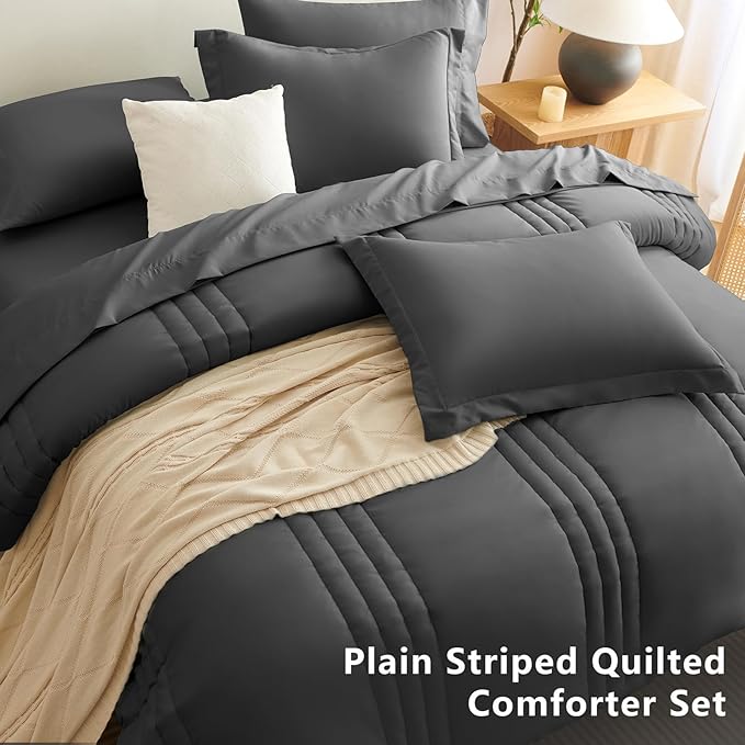 CozyLux Full Size Comforter Sets - 7 Piece Bed in a Bag Dark Grey Comforter Set with Sheets Bed Set All Seasons, Soft Bedding Set with Down Alternative Comforter, Sheets, Pillowcases & Shams