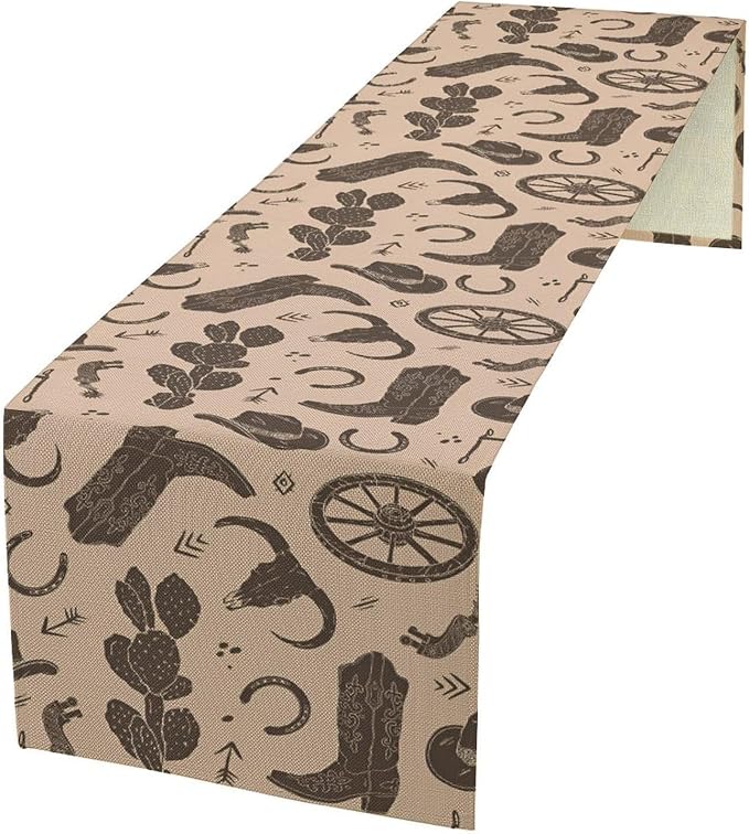Rustic Western Table Runner, Vintage Cowboy Boots Hats Cow Skull Print Table Decoration for Kitchen Dining Indoor Outdoor Party Decor, 13x108 Inch