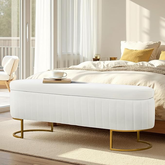 55.5" Velvet Upholstered Storage Bench with Channel Tufted Seat and Metal Legs, Multi-Functional Ottoman with Interior Organizer Pockets for Bedroom and Entryway, Flipping Lid Large Window Bench