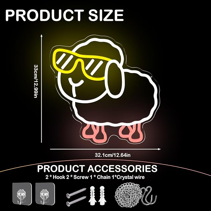 Sheep Neon Sign for Wall Decor, Cute Cartoon Animal LED Light Up Sign, Dimmable Neon Wall Light for Kids Room, Bedroom, Living Room, Birthday & Kids Gifts
