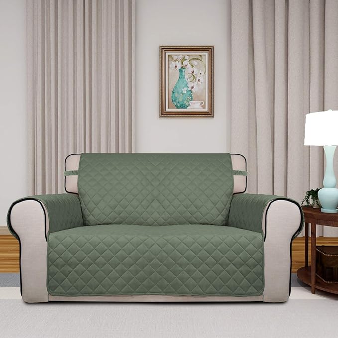 PureFit Reversible Quilted Sofa Cover, Water Resistant Slipcover Furniture Protector, Washable Couch Cover with Non Slip and Elastic Straps for Kids, Dogs, Pets (Loveseat, Greyish Green/Beige)