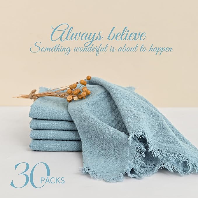 30 Packs Cotton Linen Napkins,Handmade Cloth Napkins Bulk with Fringe, Rustic Boho Napkins Cloth,Cloth Napkins for Romantic Wedding Party Event Dinner Birthday Table Decor(Dusty Blue,16 x 16 Inch)