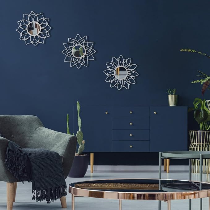 Silver Mirrors for Wall, 9 inch Metal Flower Mirrors Home Valentine Decoration, Valentine Wall Art Decorative Mirror Small Mirror for Living Room Bedroom, Entrance Set of 3
