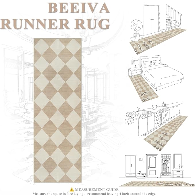 Beeiva Checkered Print Carpet Runners for Hallway 6ft, Beige Ultra Thin Washable Kitchen Runner Rug Non Slip, Moroccan Plaid Checkerboard Decor Faux Wool 2x6 Rug for Bedroom Bathroom Entryway