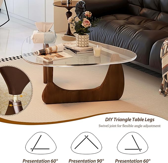 Modern Glass Coffee Table, 32.3″D×25.6″W×15.8″H-Abstract Unique Mid Century Triangle Center Table for Living Room, Minimalist Middle Tables for Home Office, Wooden Base