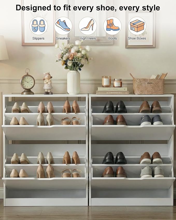 Shoe Cabinet Organizer with 2 Flip Drawers, Narrow Rack with Adjustable & Removable Shelves, Slim Shoe Storage for Entryway, Foyer, Hallway, White