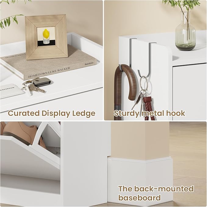 Shoe Cabinet Organizer with 2 Flip Drawers & 2-Tier Adjustable Shelves, Freestanding Shoe Rack Cabinet, Narrow Shoe Storage for Entryway, Foyer, Hallway, White, 23.6" W × 9.4" D × 33.1" H