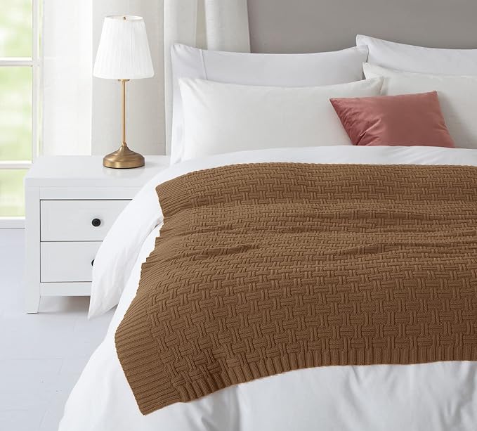 RUDONG M Light Brown Cotton Cable Knit Throw Blanket, Cozy Warm Knitted Couch Cover Blankets, 50 x 60 Inch