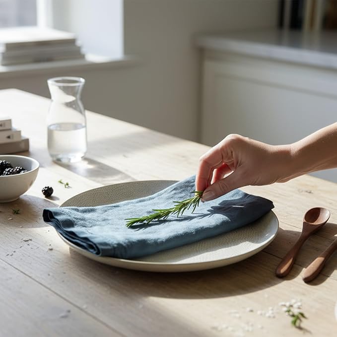 Hemstitched Linen Napkins – 20 Inch x 20 Inch – Stonewashed Pure Linen Cloth Dinner Napkins with Mitered Corners - 100% French Flax – Machine Washable - Set of 4 (Soft Teal Blue)