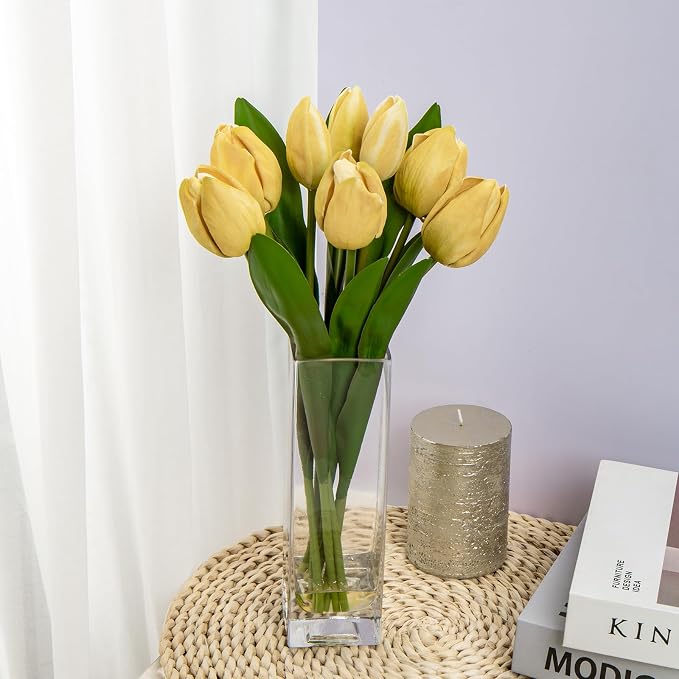 Briful Fake Flowers Artificial Tulip Flower Khaki in Clear Vase, Real Touch EVA Tulip Arrangement Suitable for Home Office Fall Decoration, Dining Table Centerpiece