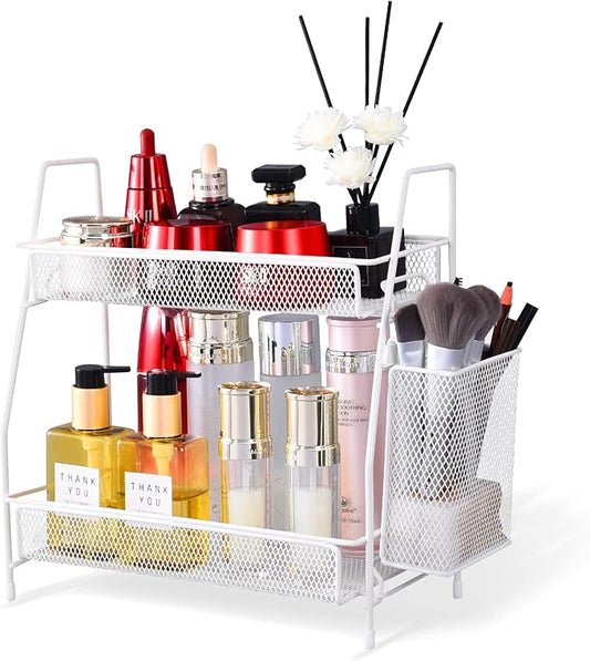Bathroom Countertop Organizer with Basket, 2-Tier Bathroom Tray for Countertop Storage Shelf, Vanity Organizer and Storage Kitchen Counter Organizers Spice Rack(White)
