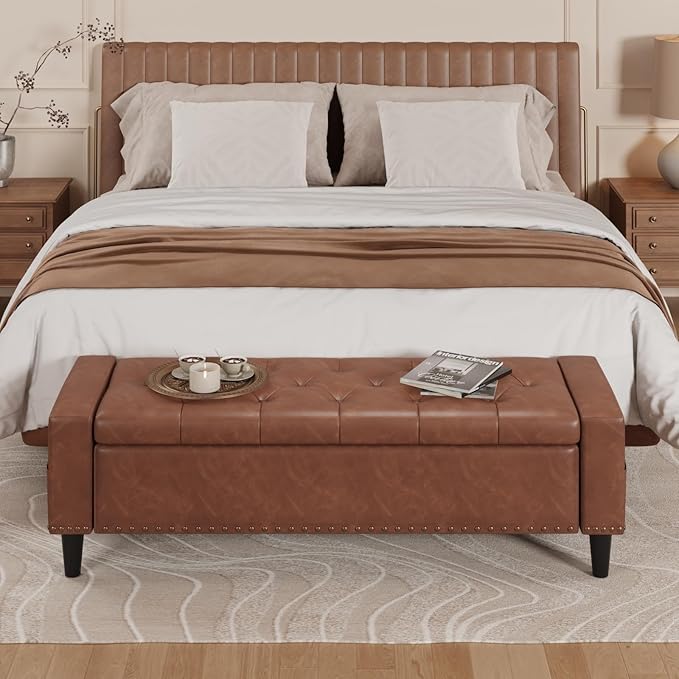 60" Storage Ottoman Bench, Faux Leather Bed Bench with Tufted Buttons and Nailhead Trim, Large Upholstered Ottoman with Storage for King Size End of Bed, Bedroom, Living Room, Entryway, Hallway, Brown