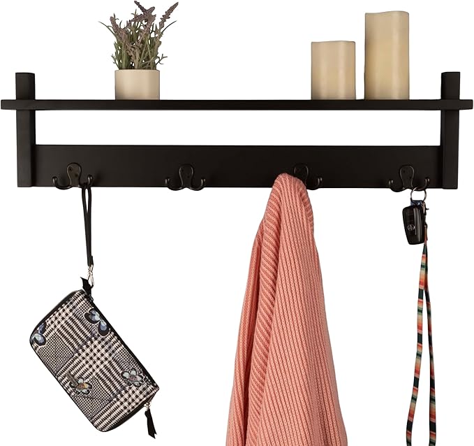 Lavish Home Coat Rack with Shelf - Wall Mount Shelf with 4 Hooks for Purses, Jackets and Keys - Coat Rack for Entryway, Mudroom, or Hallway (Black)