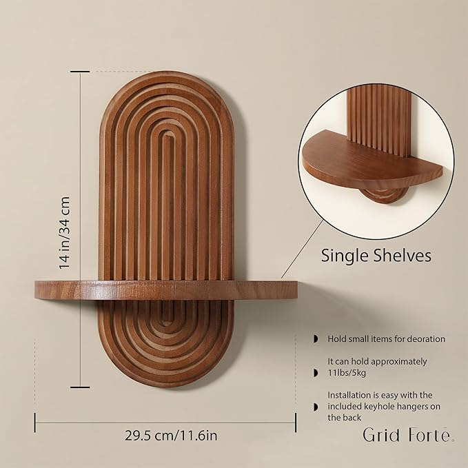 GRID FORTE Modern Wall Shelf (Set of 2) with Arched Wood Design Mid-Century Single Floating Rainbow Shelves for Indoor Decoration Holding Planter Ornaments, 14 x 11.6 Inch (Walnut)