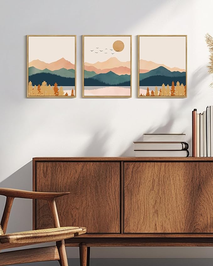 PHOPAGO Mountain Range Landscape Framed Wall Art Watercolor Nature Laker Paints Boho Sun Rises Rustic Room Decor for Kitchen Farmhouse - 11x14in Natural Framed
