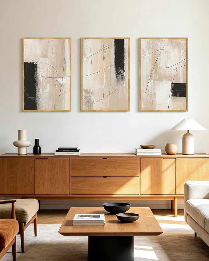 PHOPAGO Abstract Framed Wall Art 16x24in Neutral Beige Mid Century Textured Artwork Decor Modern Black Minimalist Line Illustrations Prints Home Decor - Natural Framed