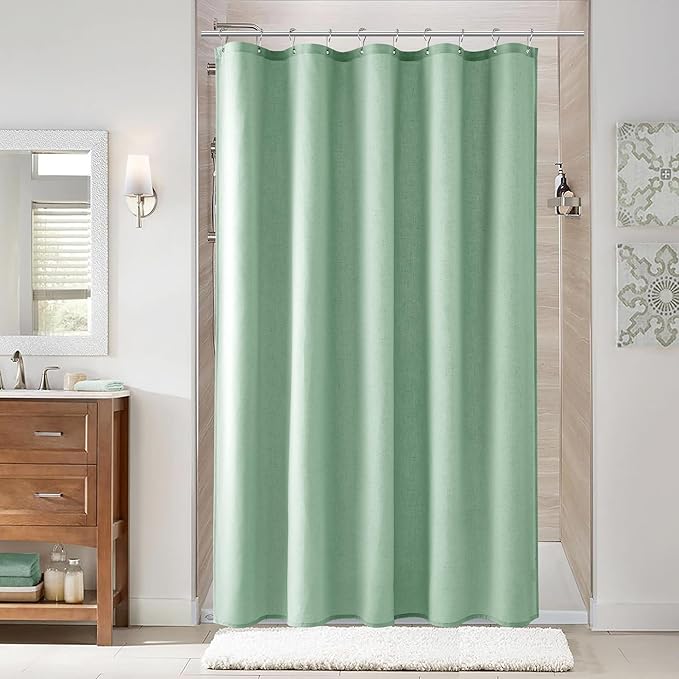 Naturoom Aqua Green 60 Inch Shower Curtain - Stall Narrow Half Linen Ultra Thick Fabric Shower Curtain Set with Hooks, Boho Farmhouse Rustic RV Camper Bath Curtains for Bathroom, 60x72