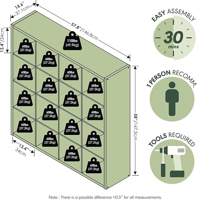 Furinno Cubicle Book Shelf, 16-Cube Bookshelf, Extra Thick Frame Reversible Bookcase with Open Back, 14.6" x 58" x 58", for Living Room, Bedroom, Home Office, Black Dark Oak