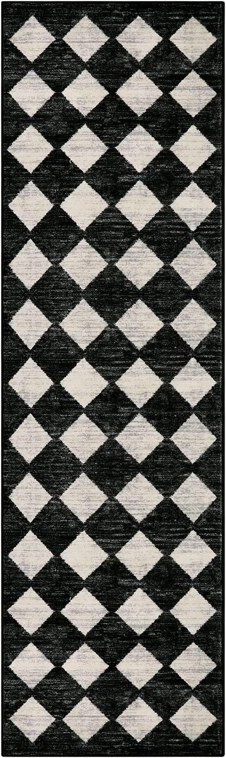 Lahome Moroccan Trellis Runner Rug - 2x8 Black Hallway Runner Rug with Rubber Backing, Checkered Kitchen Non Skid Carpet Runners Washable Indoor Mat for Camper Entryway Bathroom Hardwood Floor
