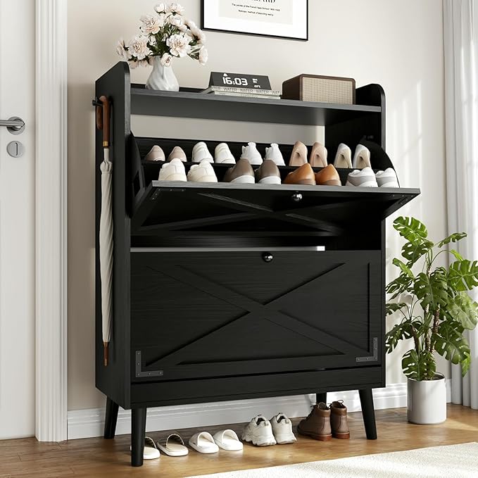 Shoe Storage Cabinet with 2 Flip Drawers & Adjustable Shelves,Narrow Shoe Organizer Cabinet with Doors Side Hooks Wooden Shoe Rack Cabinet for Entryway,Hallway,Black