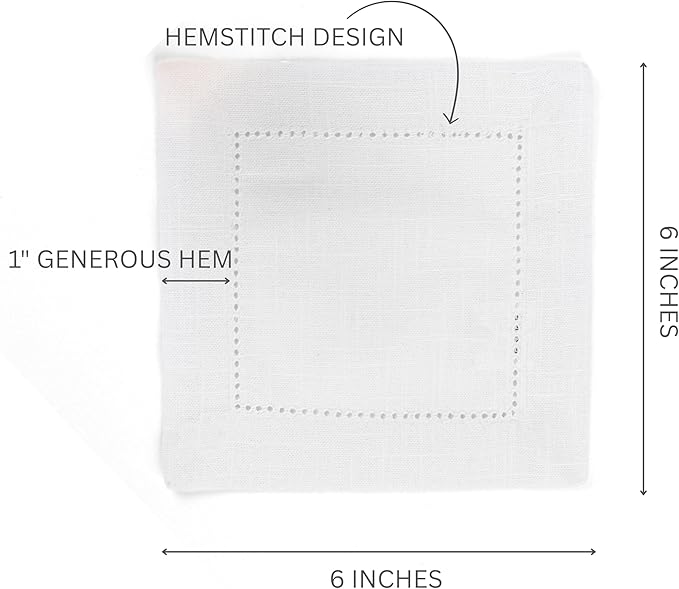 FINGERCRAFT Cocktail Napkins 6 x 6 Inch Premium Quality Cotton, Generous Hemstitch and Mitered Corner Set of 12 Coaster Cloth White